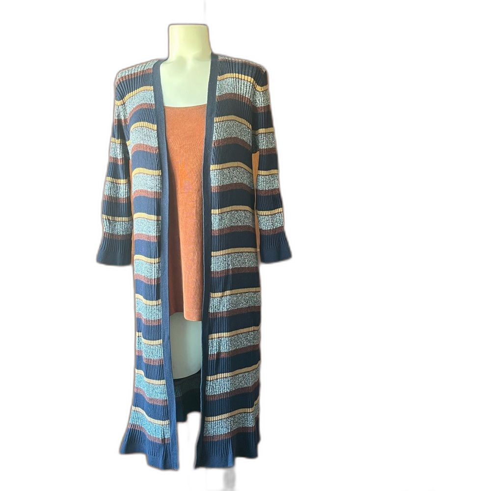 Style & Co Petite Long Cardigan Sweater Blue Rust Tan LP Large